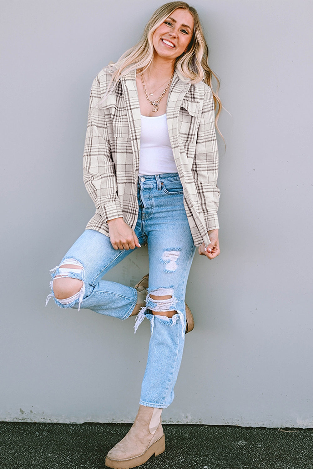 Khaki Plaid Removable Hood Buttoned Shacket