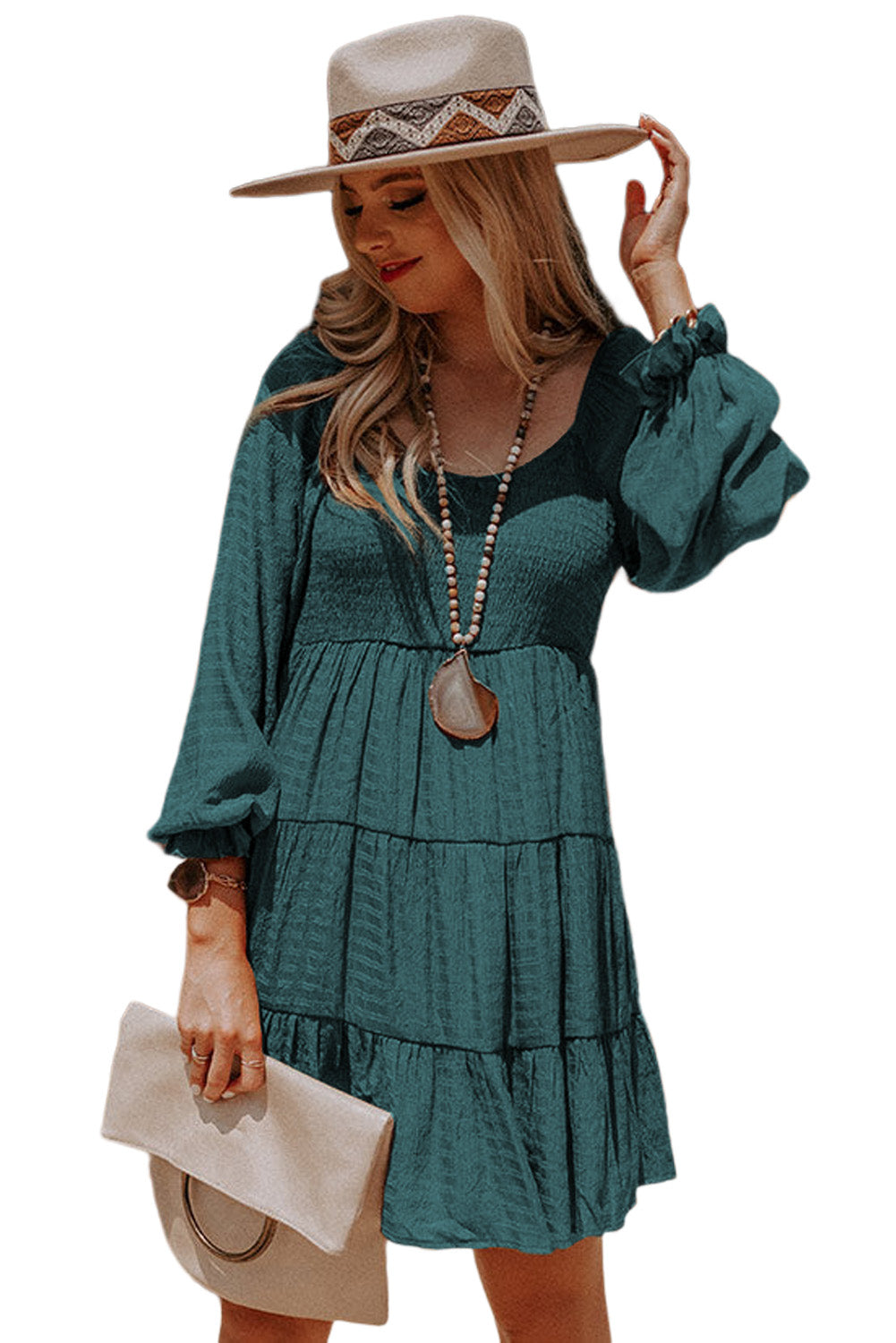 Mist Green Bishop Sleeve Smocked Tiered Mini Dress