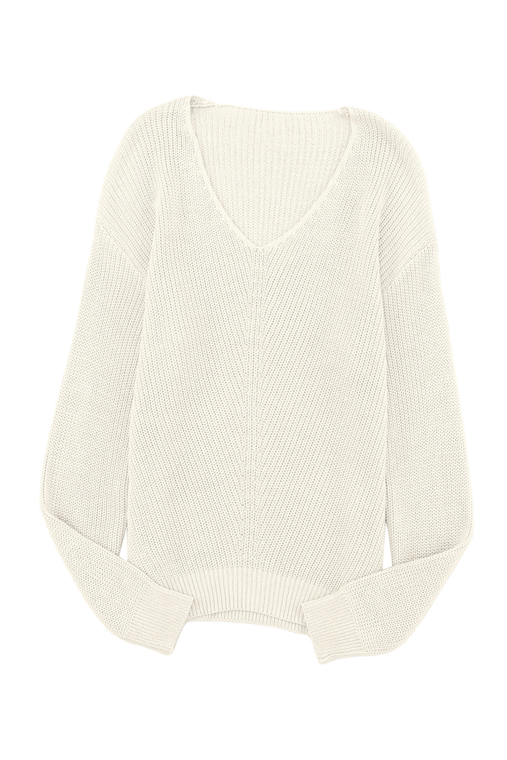 Beige Ribbed Knit V Neck Sweater