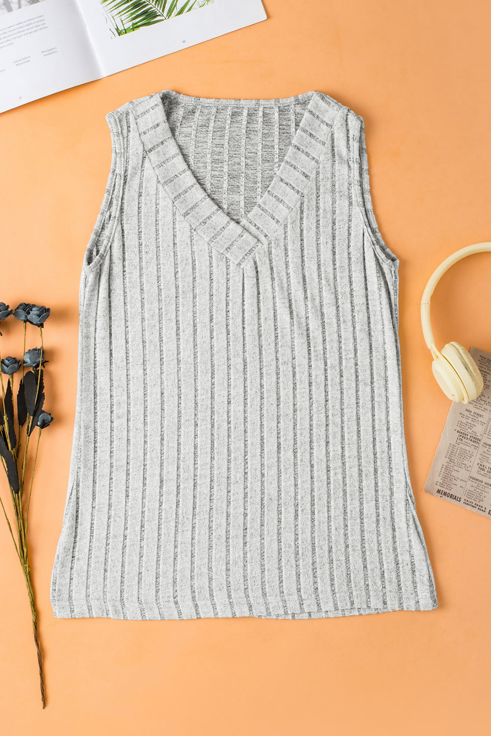 Gray Wide Rib Texture V Neck Tank Top