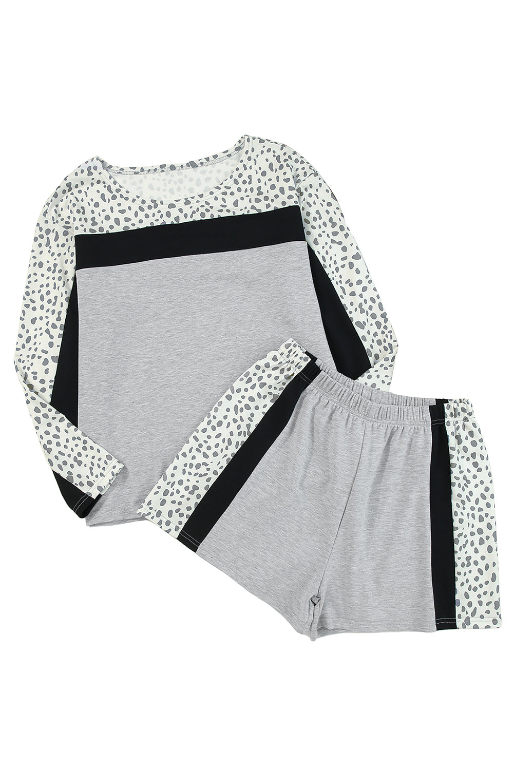 Gray Leopard Colorblock Patchwork Pullover and Shorts Set