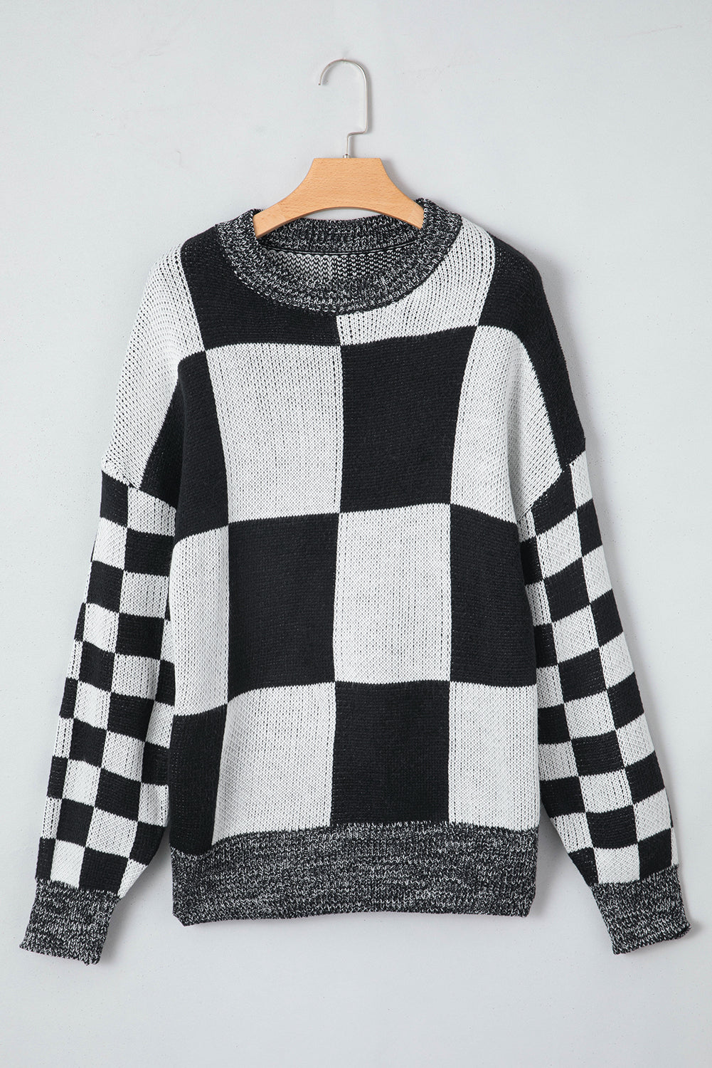 Black Checkered Print Drop Shoulder Sweater