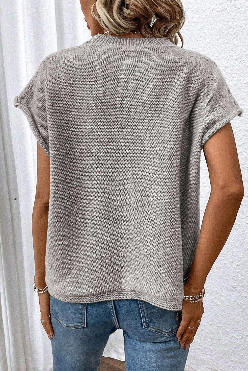 Gray Crew Neck Center Seamed Short Sleeve Sweater