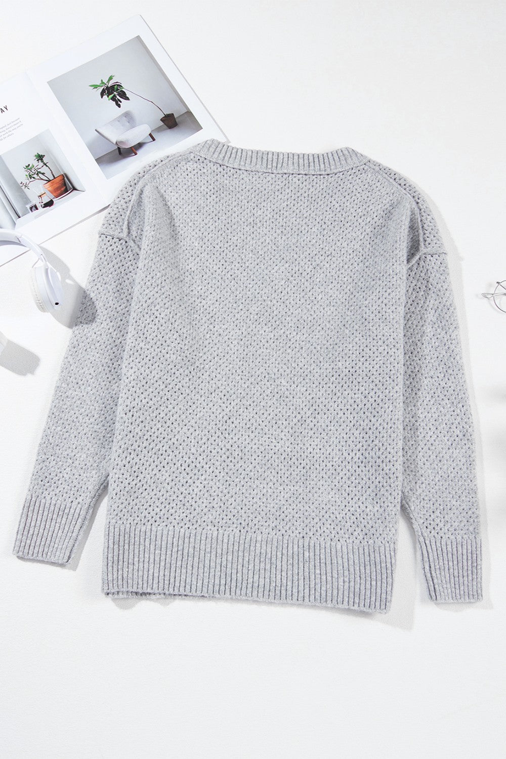 Openwork V-Neck Dropped Shoulder Sweater