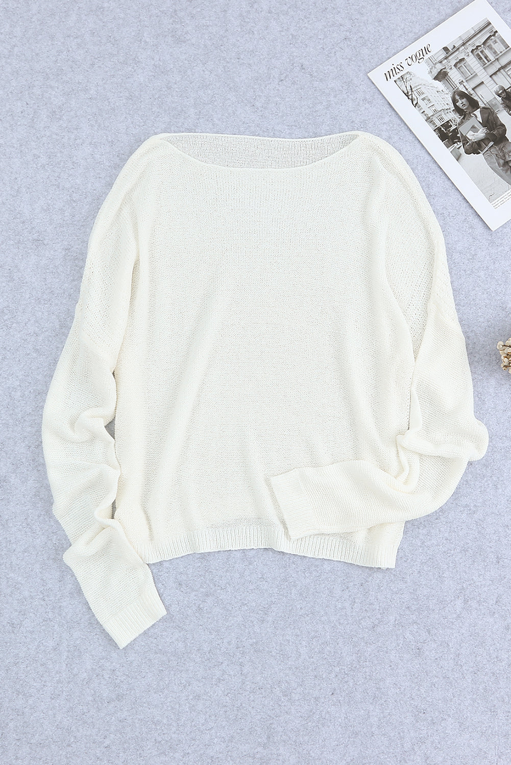 White Solid Drop Shoulder Pullover Sweater