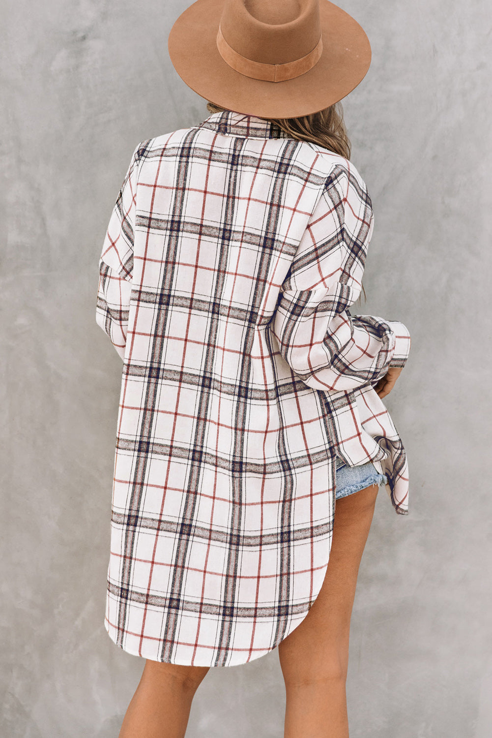 White Oversized Plaid Pattern Shacket with Slits