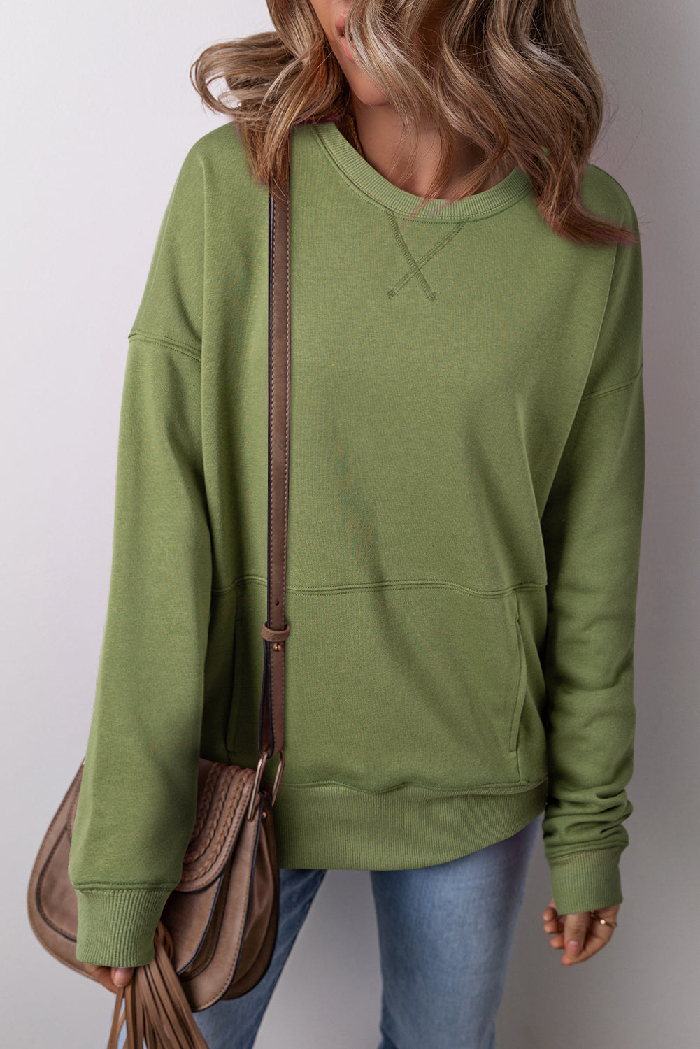 Vineyard Green Drop Shoulder Crisscross Stitching Pocketed Loose Sweatshirt