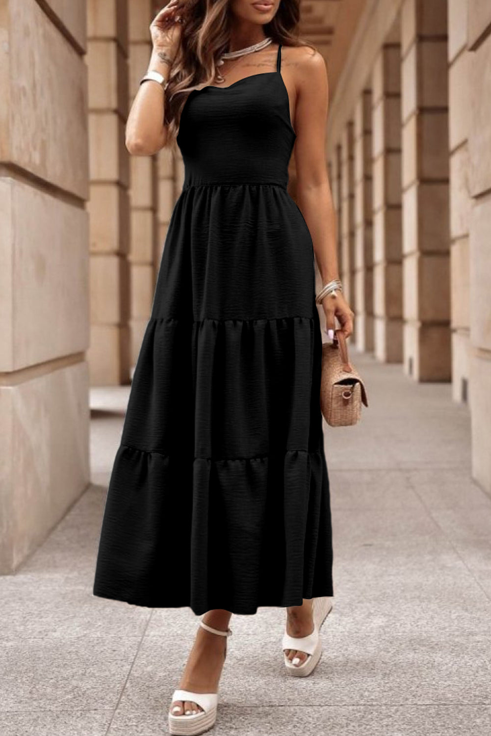 Black Crossover Backless Bodice Tiered Maxi Dress