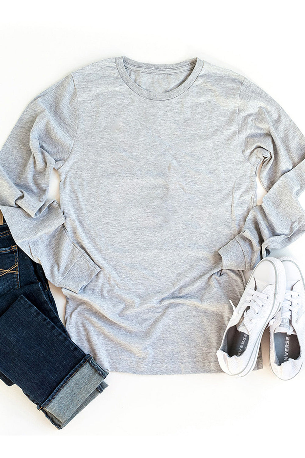 Gray Plain Crew Neck Long Sleeve Top