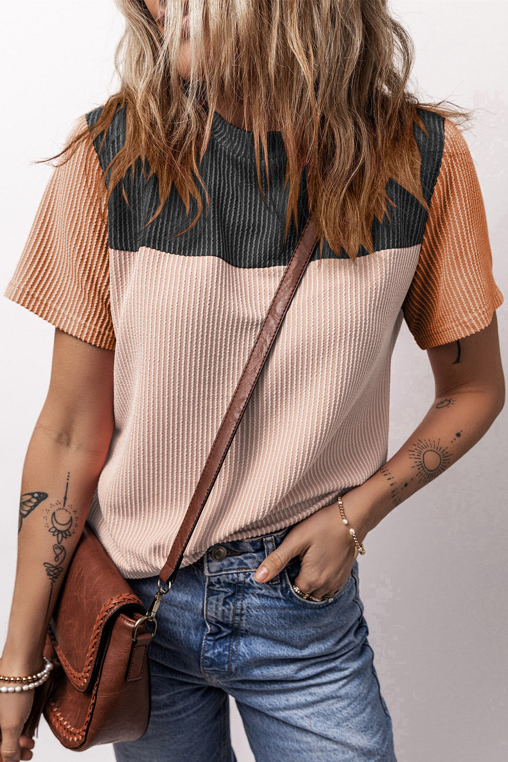 Black Rib Textured Colorblock T Shirt