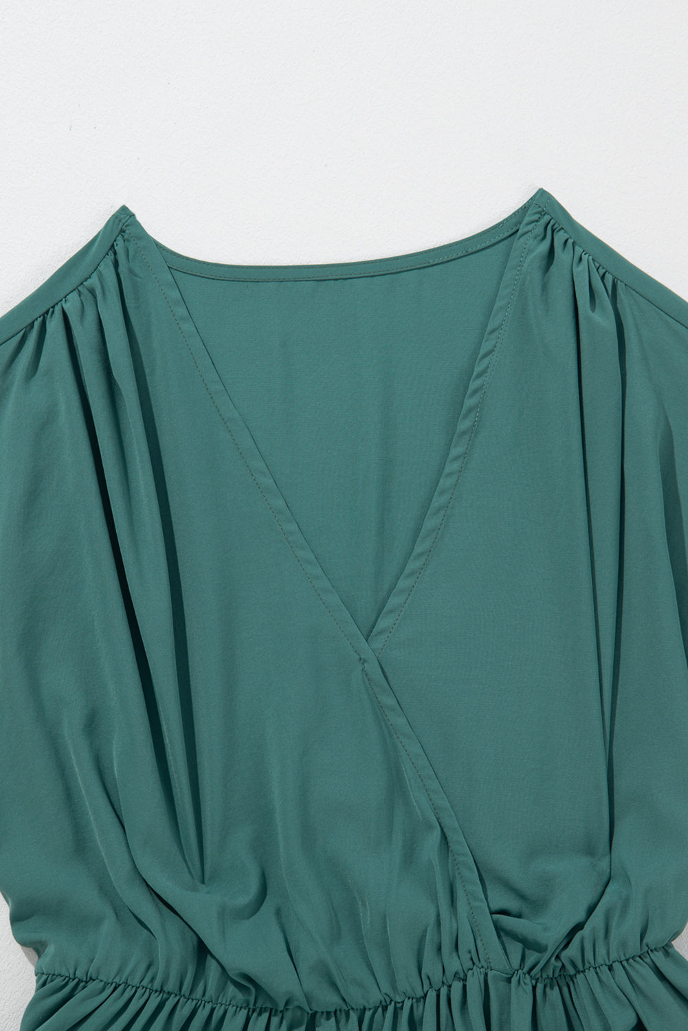 Blackish Green Solid Color V Neck Wrap Pleated Short Sleeve Maxi Dress