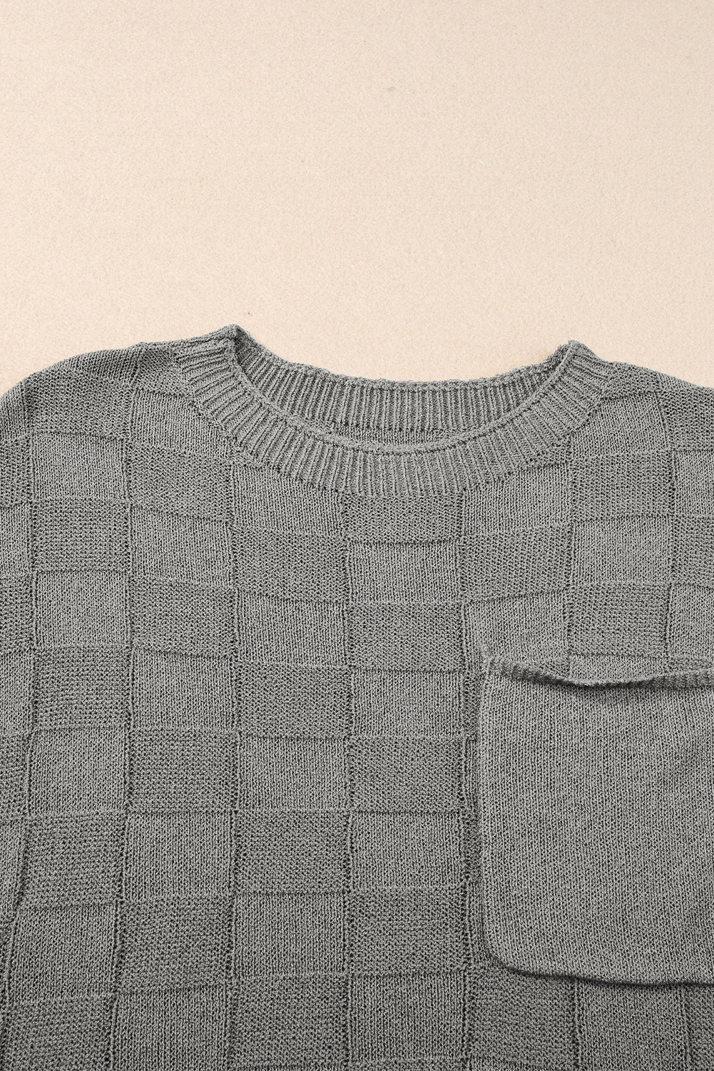 Gray Lattice Textured Knit Short Sleeve Sweater