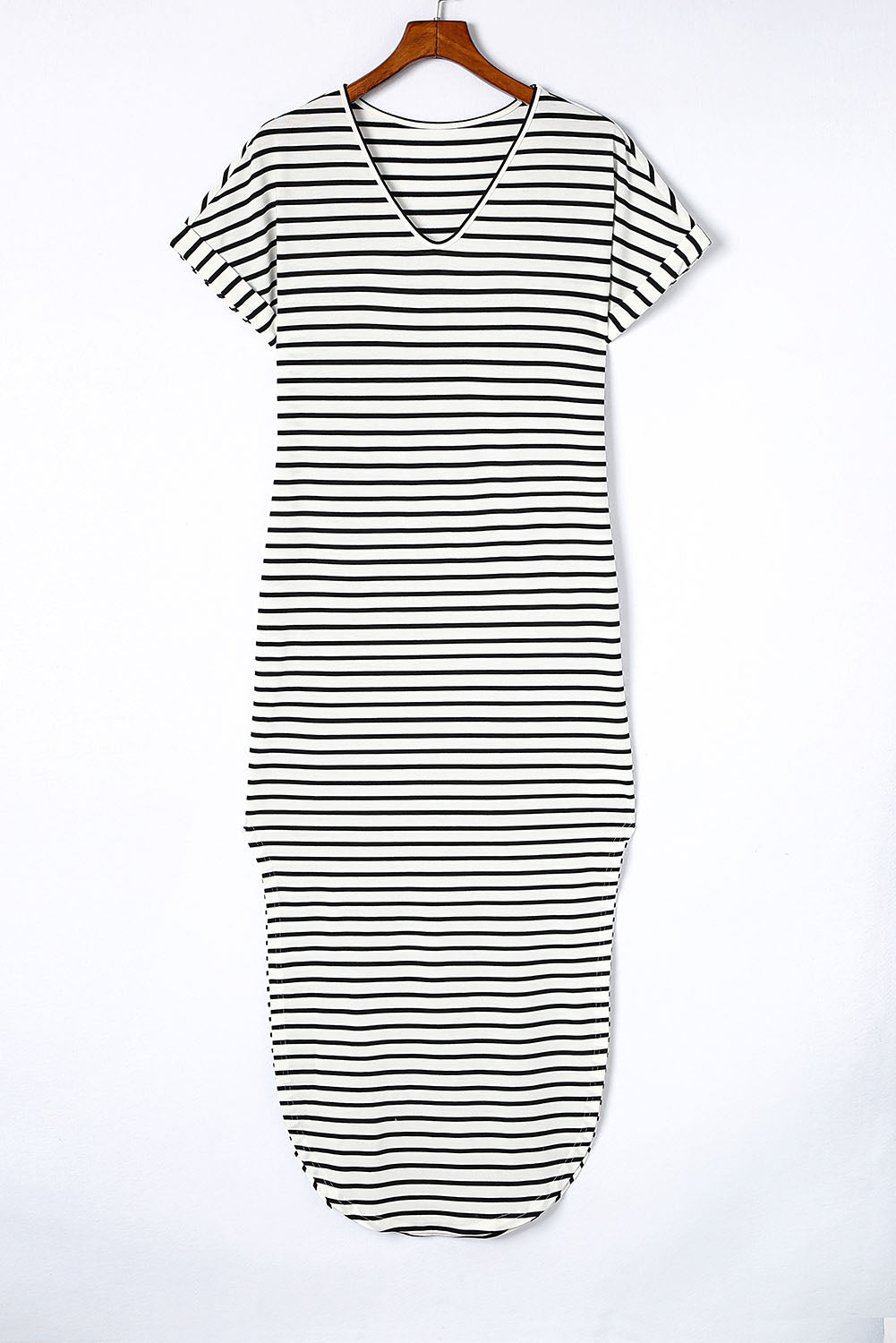 Black Striped Print Side Split Short Sleeve V Neck Maxi Dress