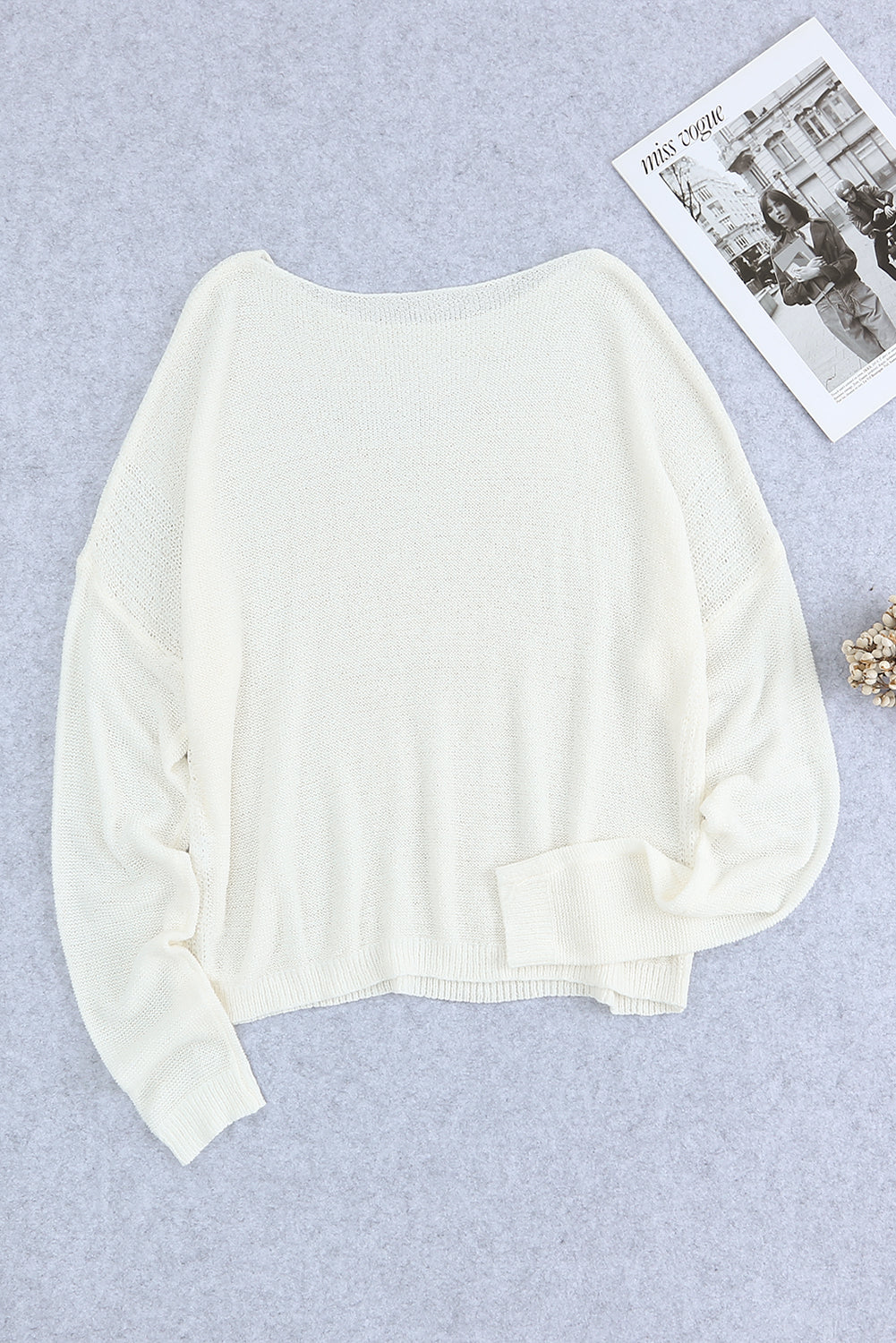 White Solid Drop Shoulder Pullover Sweater