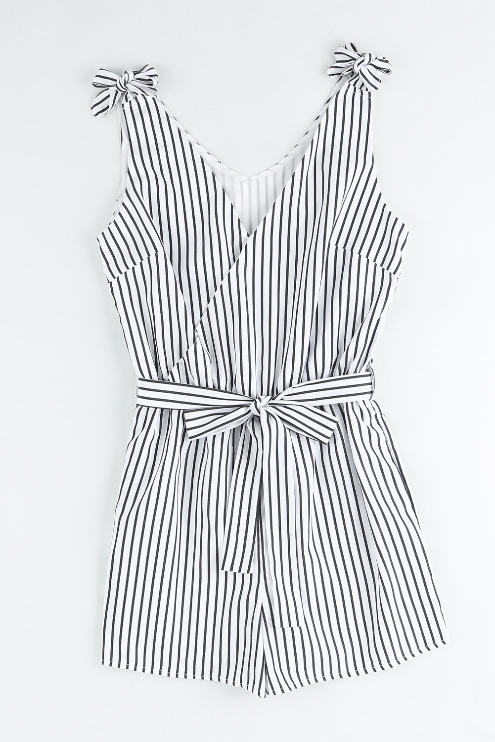 White Striped Print Wrap Sleeveless Romper