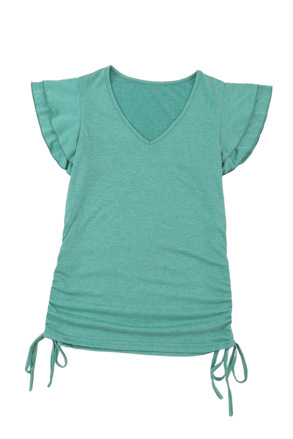 Green Ruffle Short Sleeves V Neck Drawstring Top