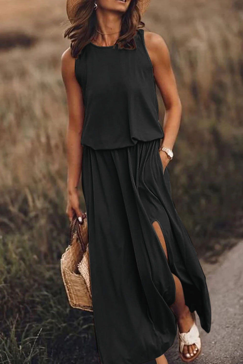 Black Solid Sleeveless Tunic Maxi Dress with Split