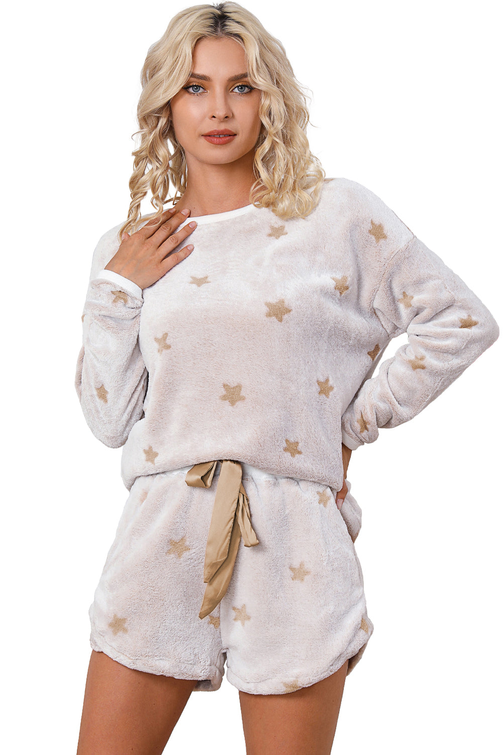 White Plush Star Pattern Long Sleeve Pullover and Shorts Lounge Set