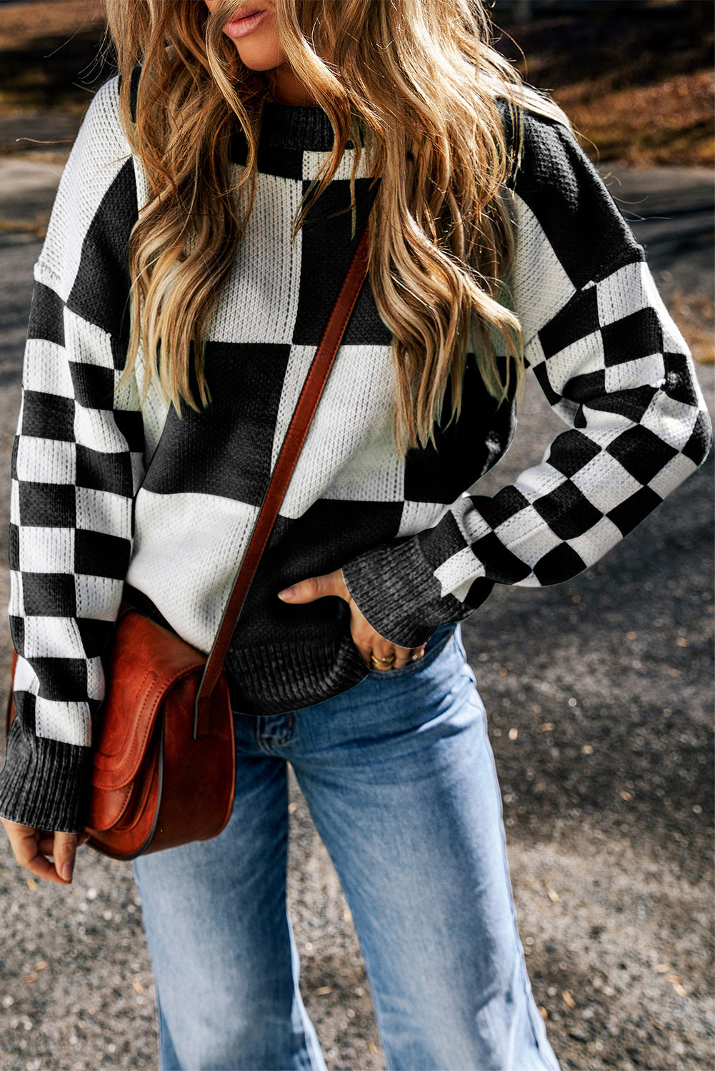 Black Checkered Print Drop Shoulder Sweater