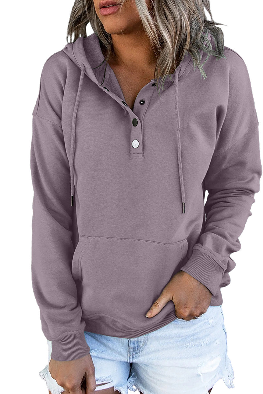 Purple Snap Button Pullover Hoodie with Pocket