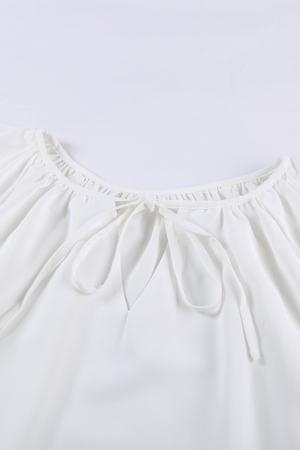 White Solid Drawstring Ruffled Short Sleeve Blouse