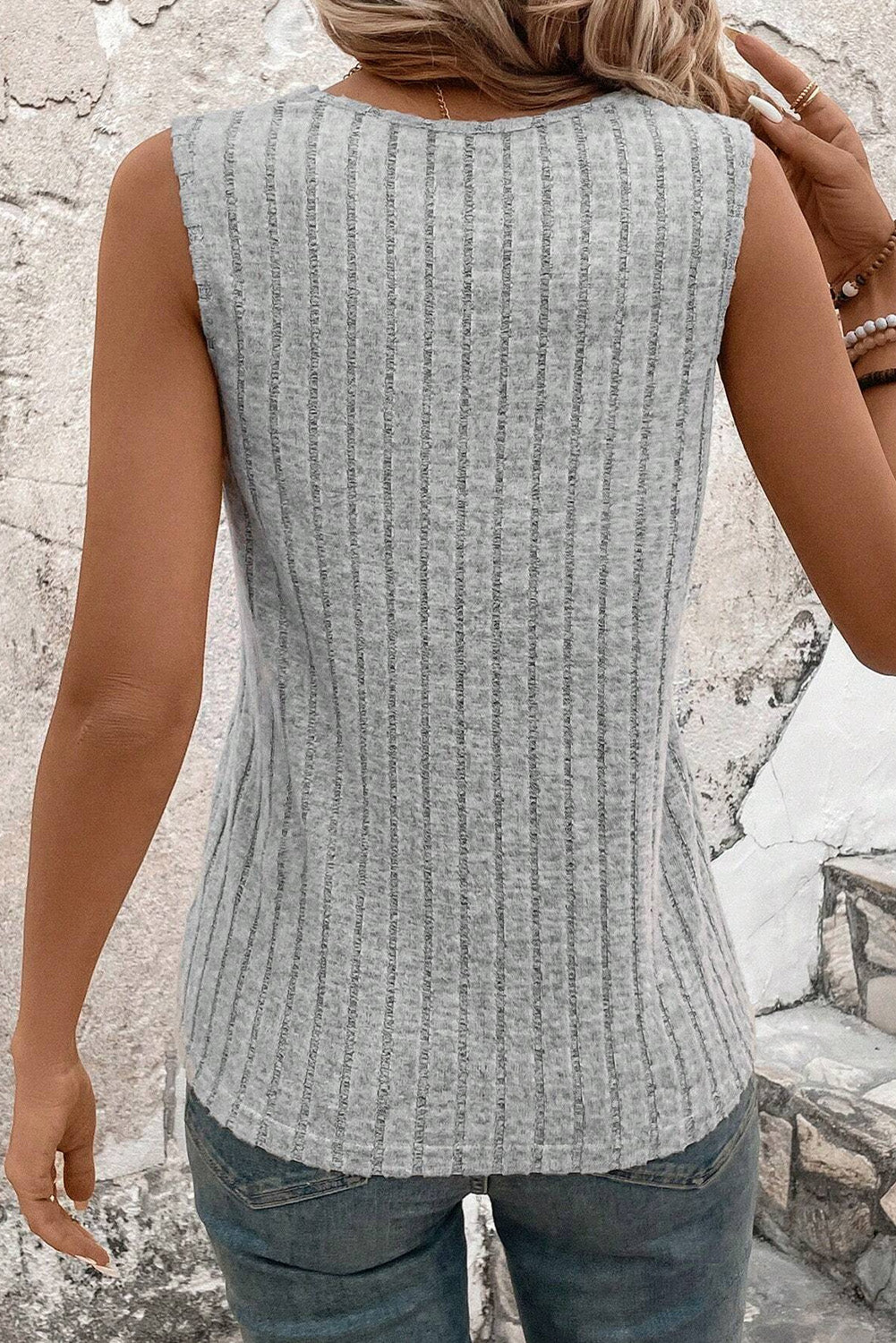 Gray Wide Rib Texture V Neck Tank Top