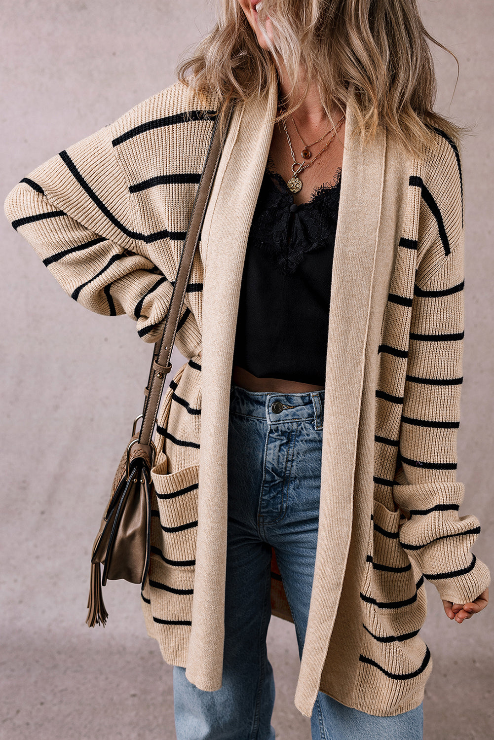 Black Stripe Shawl Neckline Open Cardigan with Pockets