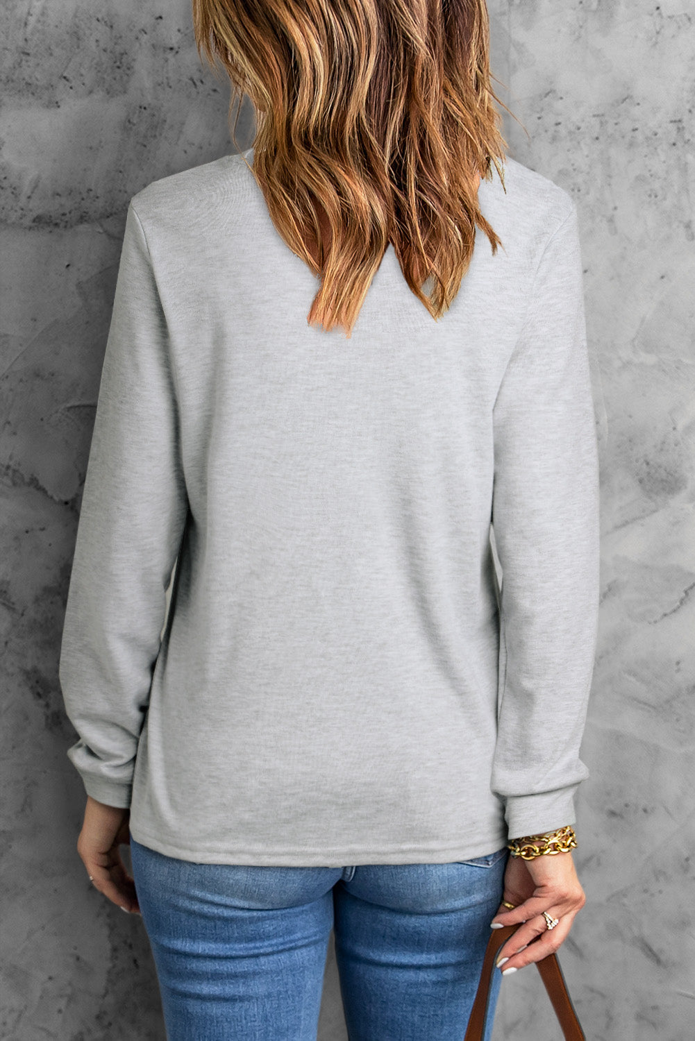 Gray Plain Crew Neck Long Sleeve Top