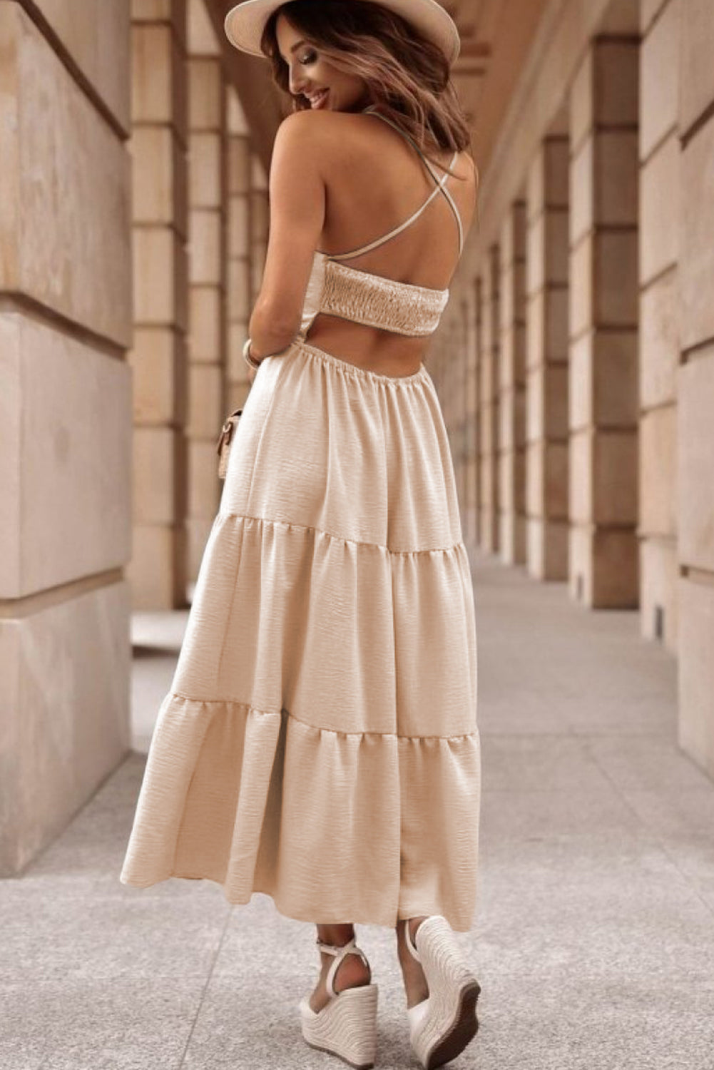 Oatmeal Crossover Backless Bodice Tiered Maxi Dress