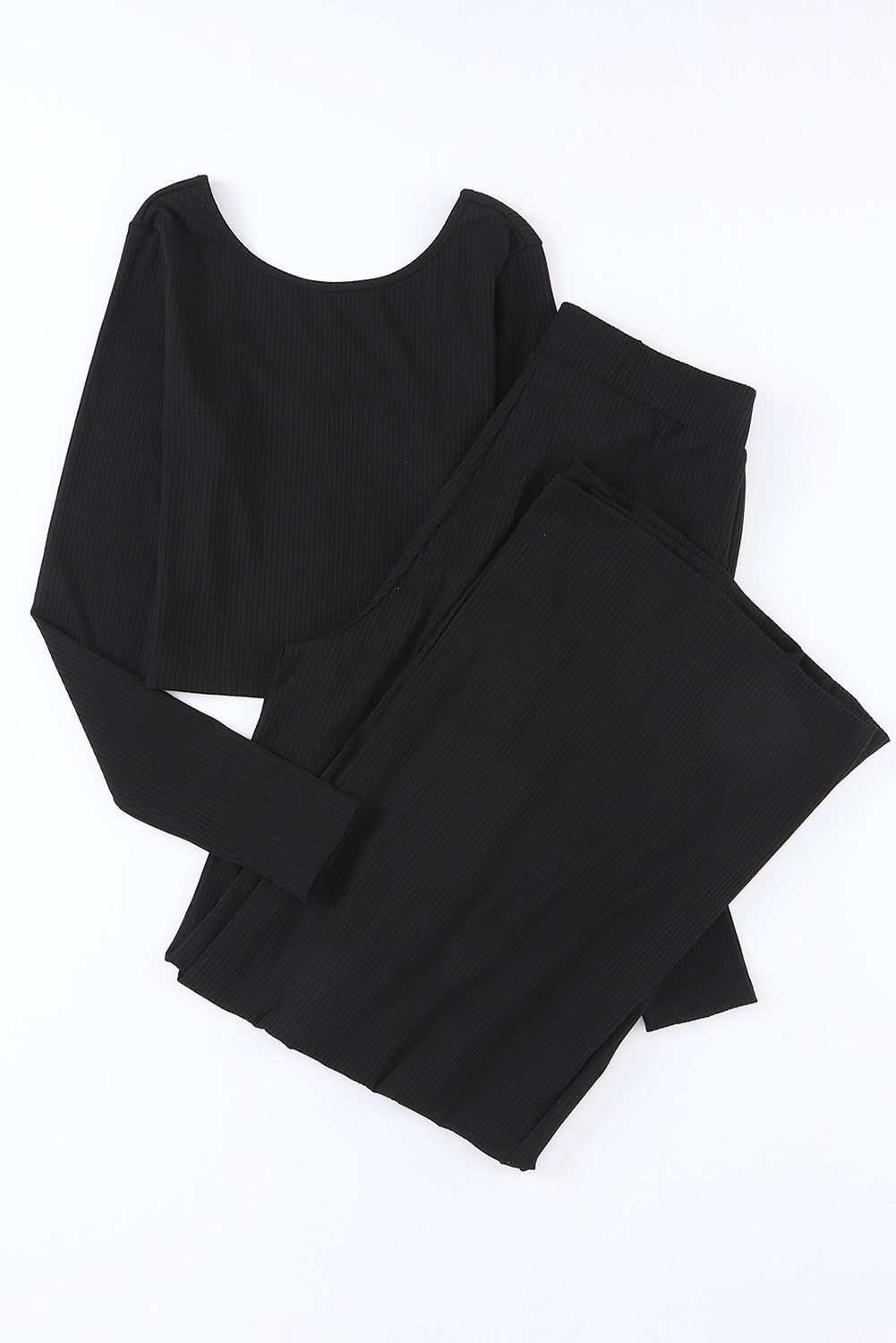 Black Solid Color Ribbed Crop Top Long Pants Set