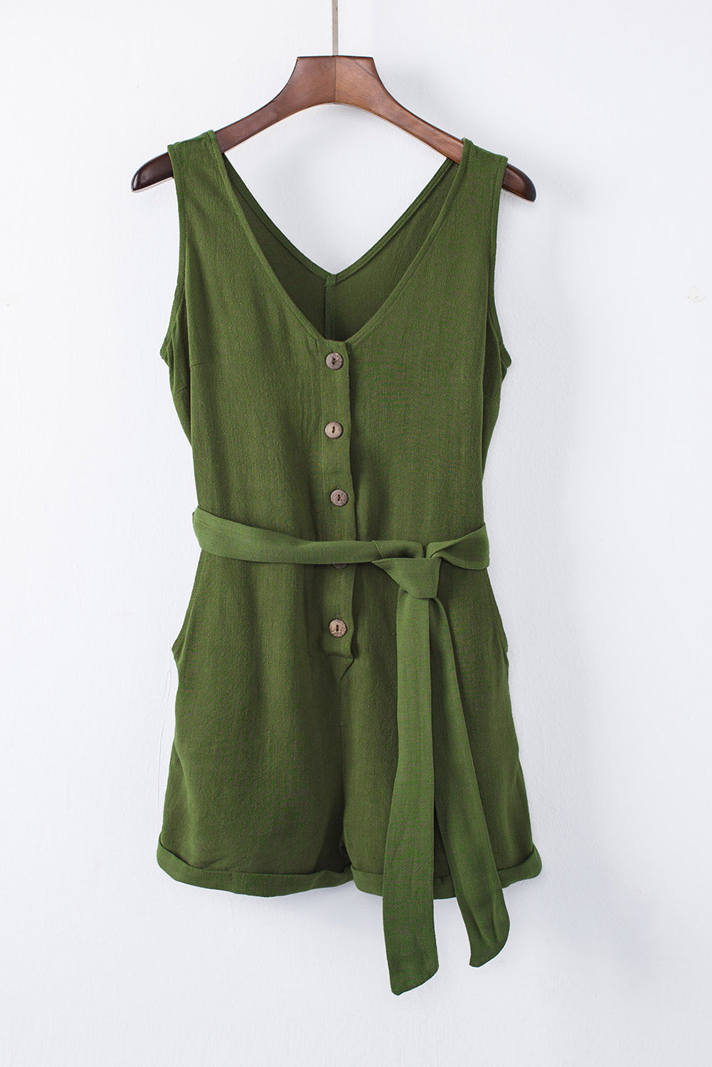 Green Button V Neck Romper with Belt