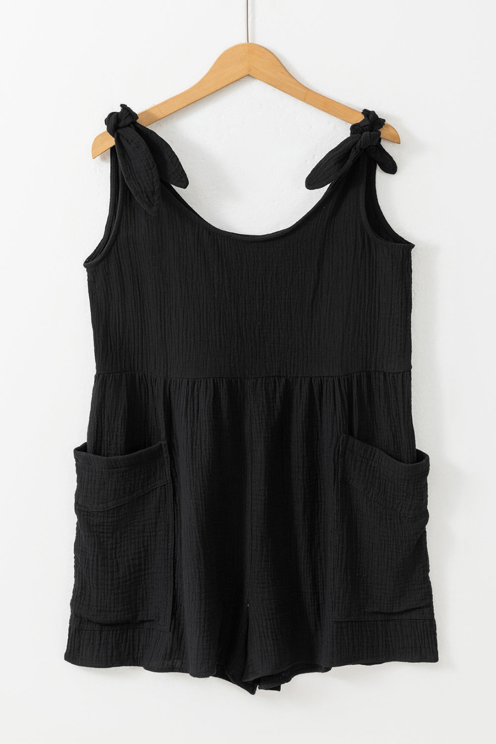 Black Textured Knotted Straps High Waist Wide Leg Romper