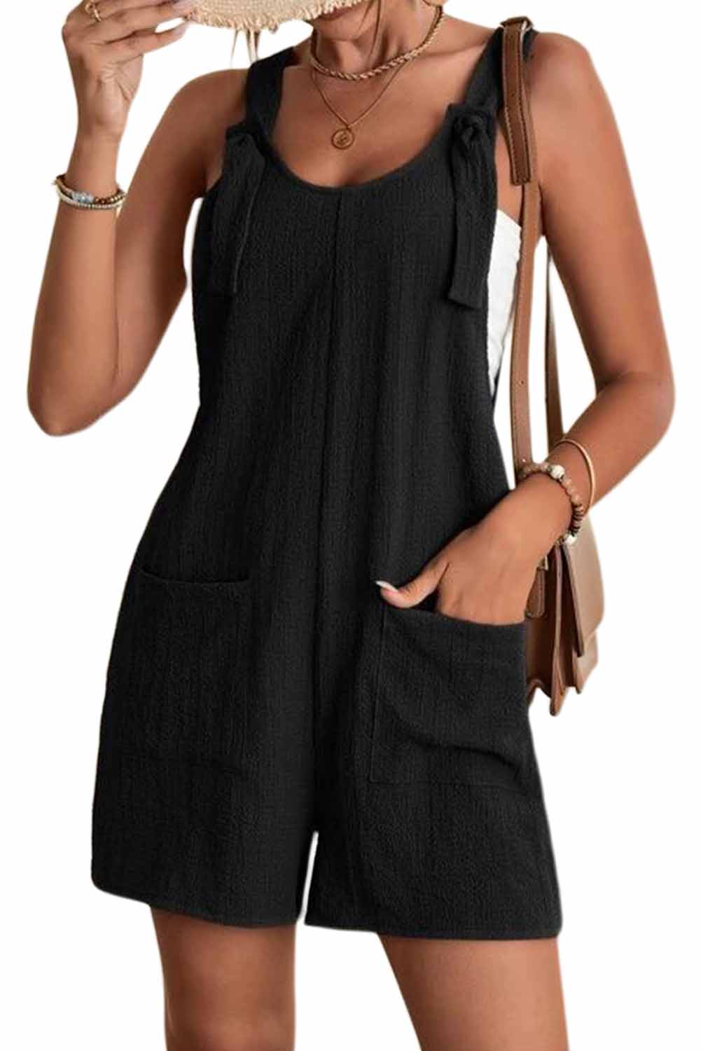 Black Adjustable Straps Pocketed Textured Romper