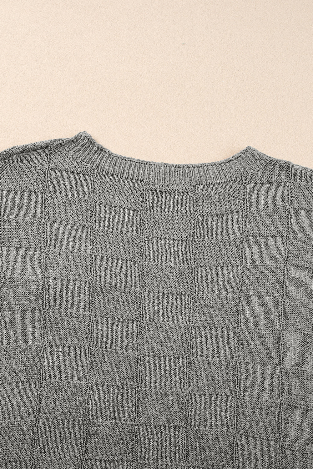 Gray Lattice Textured Knit Short Sleeve Sweater