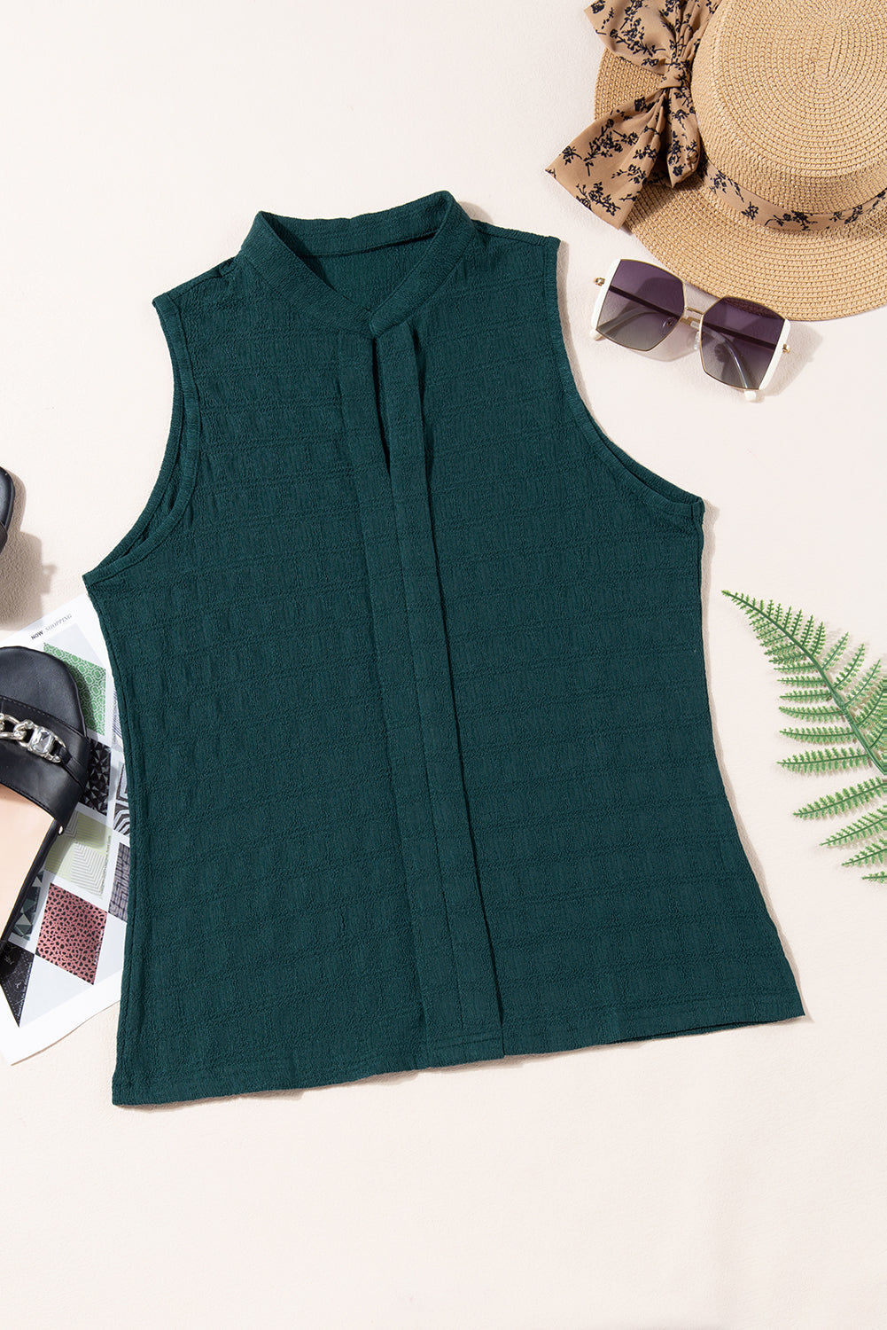 Sea Green Lattice Textured Split Neck Tank Top