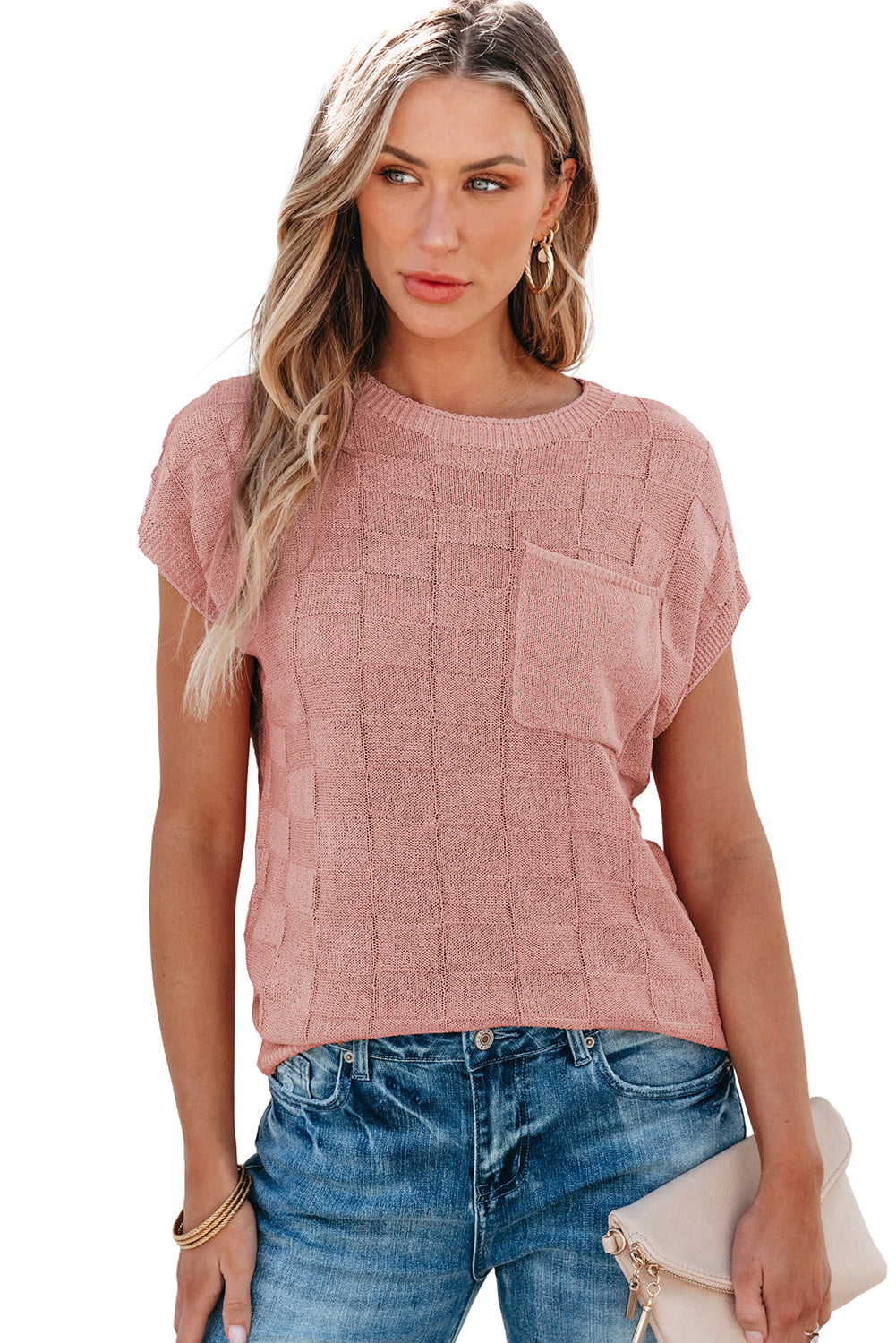 Dusty Pink Lattice Textured Knit Short Sleeve Sweater