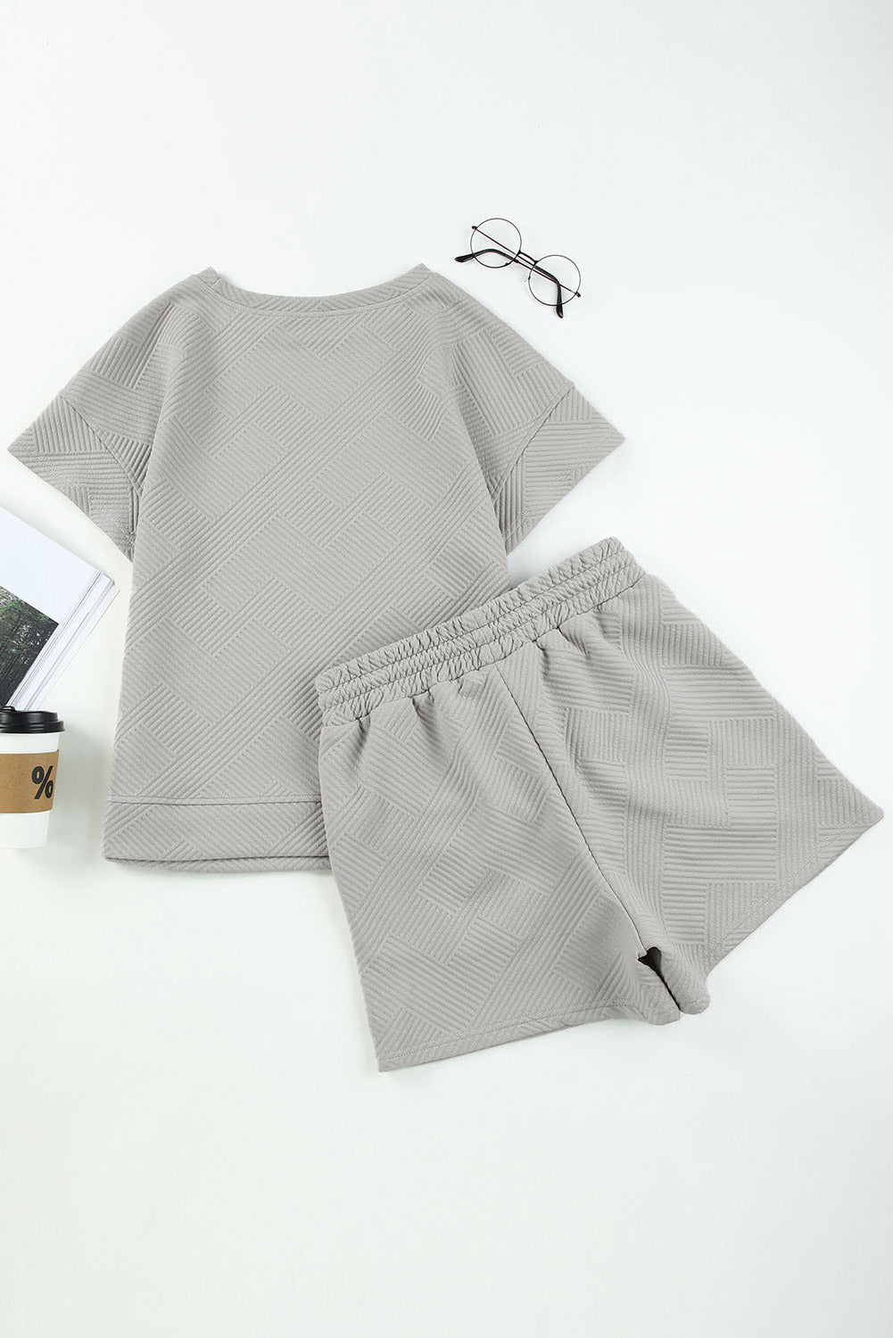 Gray 2pcs Solid Textured Drawstring Shorts Set